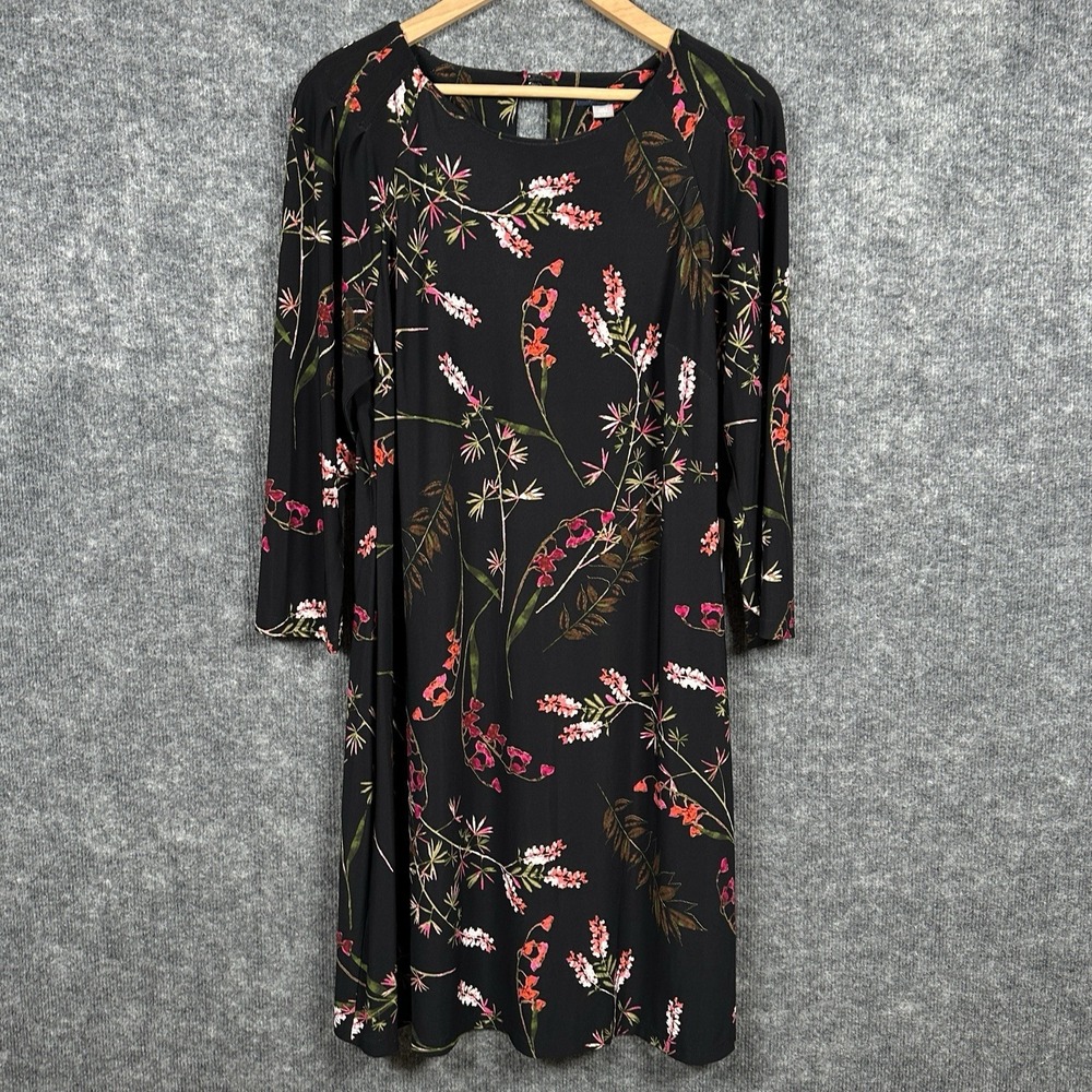 Tommy Hilfiger Black Floral‎ A-Line Dress Women's 12 Stretch 3/4 Sleeve NWT